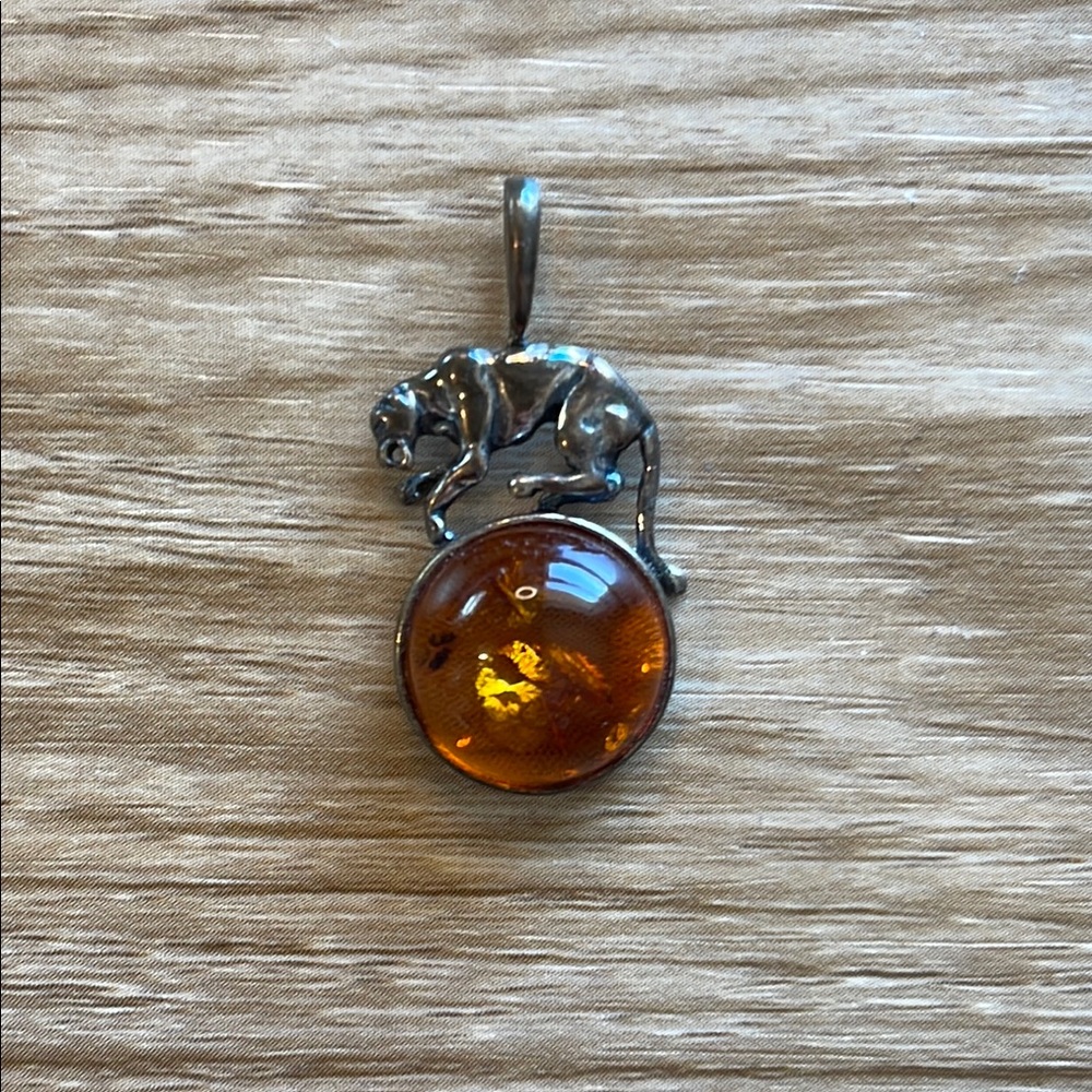 Silver and Amber Gemstone Necklace with Animal Design